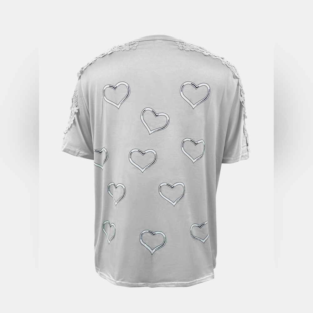 Full Size Lace Detail Heart Round Neck Short Sleeve Top - Picture 2 of 5